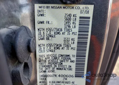 2009 Nissan Frontier King Cab Se z USA, uszkodzony, nr VIN 1N6AD06U29C400606